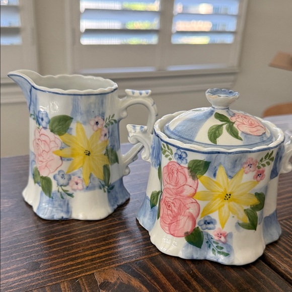 Andrea By Sadek Pink, Yellow & Blue Floral Sugar and Creamer Set - Picture 4 of 13